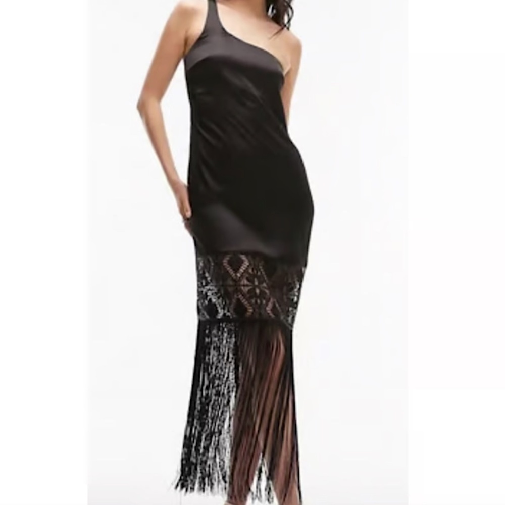Topshop One Shoulder Black Satin Fringe Trim Midi Dress Cocktail Flapper Size 2